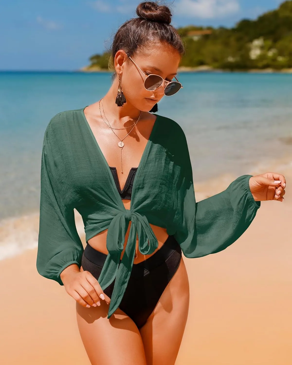 Women's Swimwear Cover Ups Tops Tunic Self-tie Swimsuit Bikini Bathing Suit Long Sleeve Soft Beach Shirt for Women