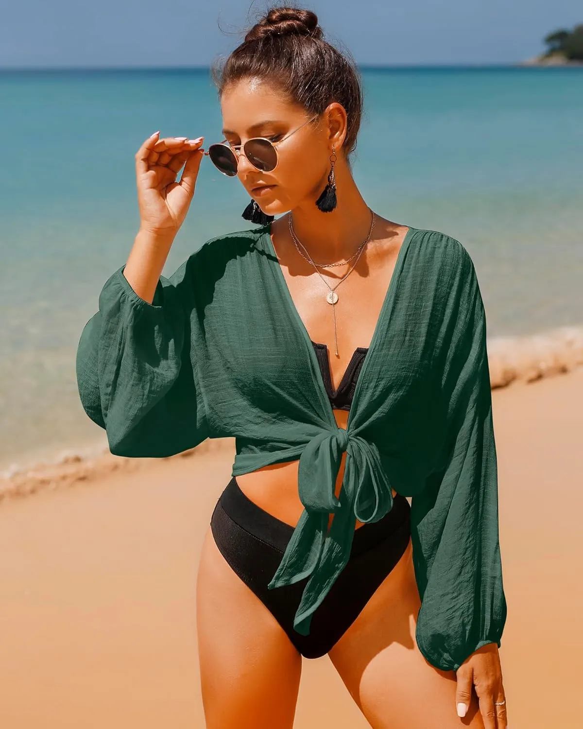 Women's Swimwear Cover Ups Tops Tunic Self-tie Swimsuit Bikini Bathing Suit Long Sleeve Soft Beach Shirt for Women
