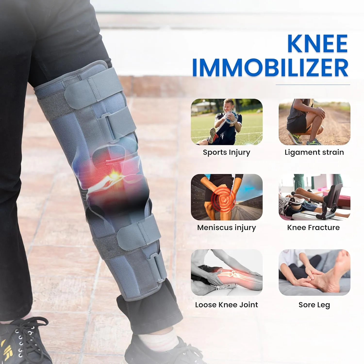 Wonder Care Knee Immobilizer Brace for Knee support for dislocation injuries ligament tear wraparound knee stabilizer splint for men & women (19 long) Grey-2XL