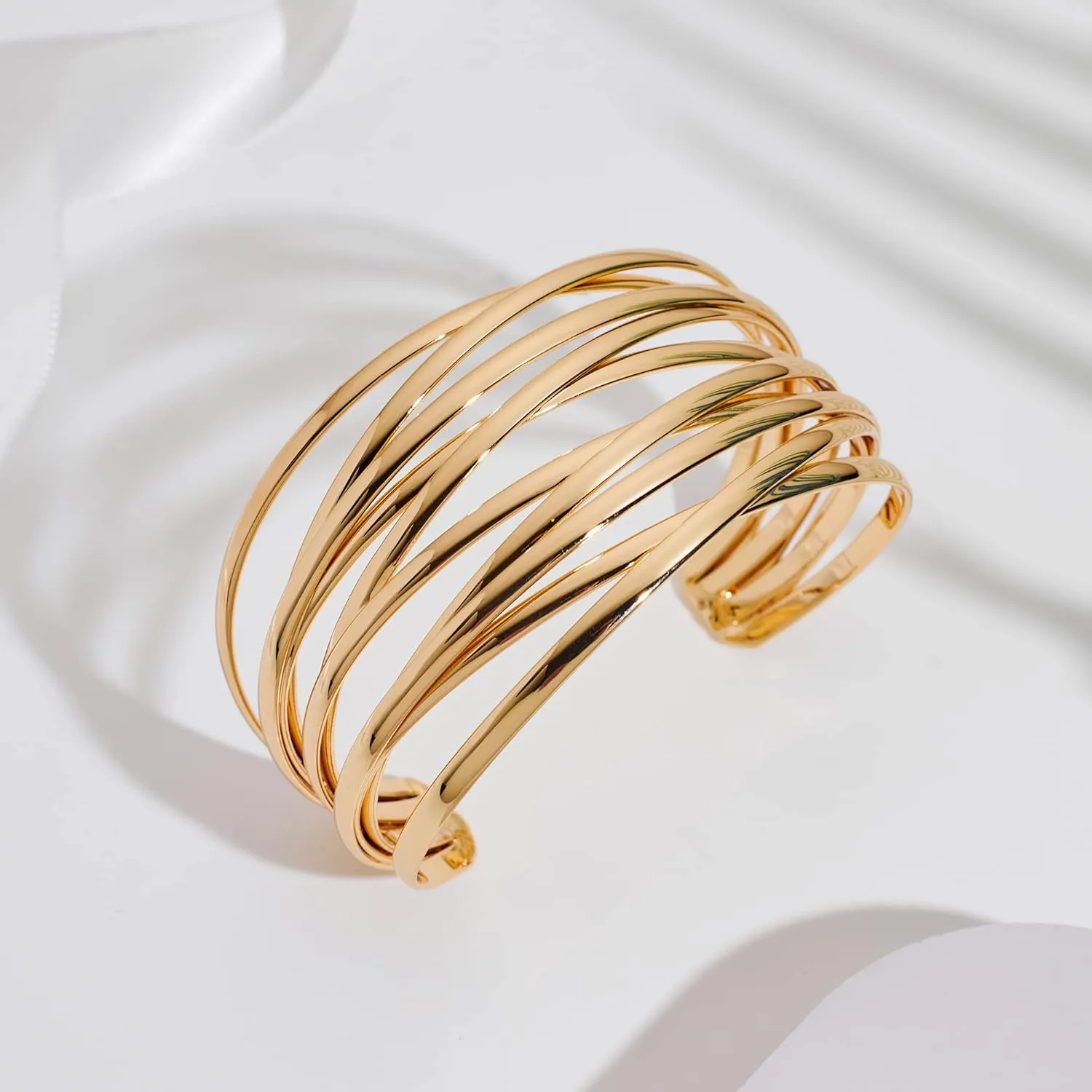 WOWORAMA Chunky Cuff Bracelets for Women Multi-layer Cross Wire Open Bangle Bracelet Adjustable Chunky Wide Open Wrist Arm Cuffs Wrap Bracelet Gold/White Gold