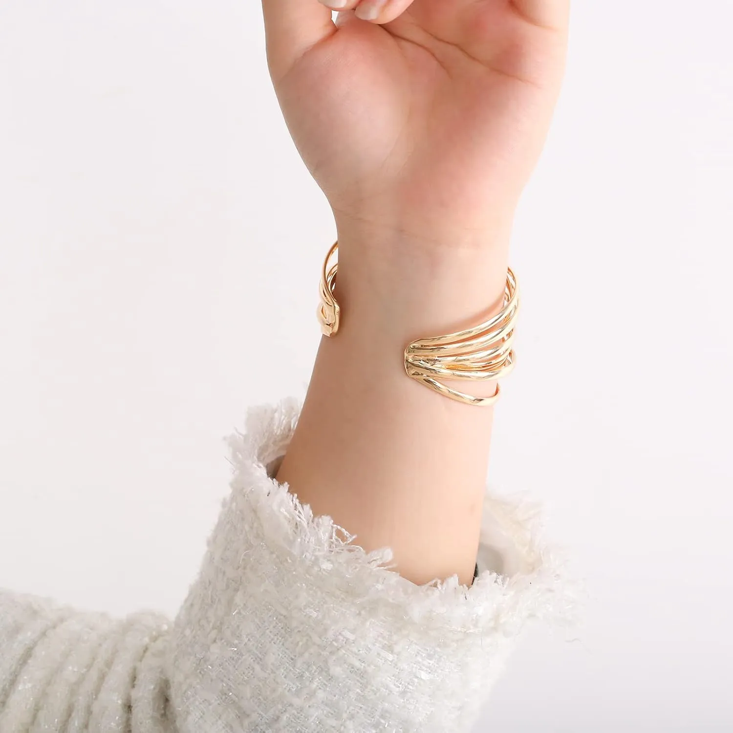 WOWORAMA Chunky Cuff Bracelets for Women Multi-layer Cross Wire Open Bangle Bracelet Adjustable Chunky Wide Open Wrist Arm Cuffs Wrap Bracelet Gold/White Gold
