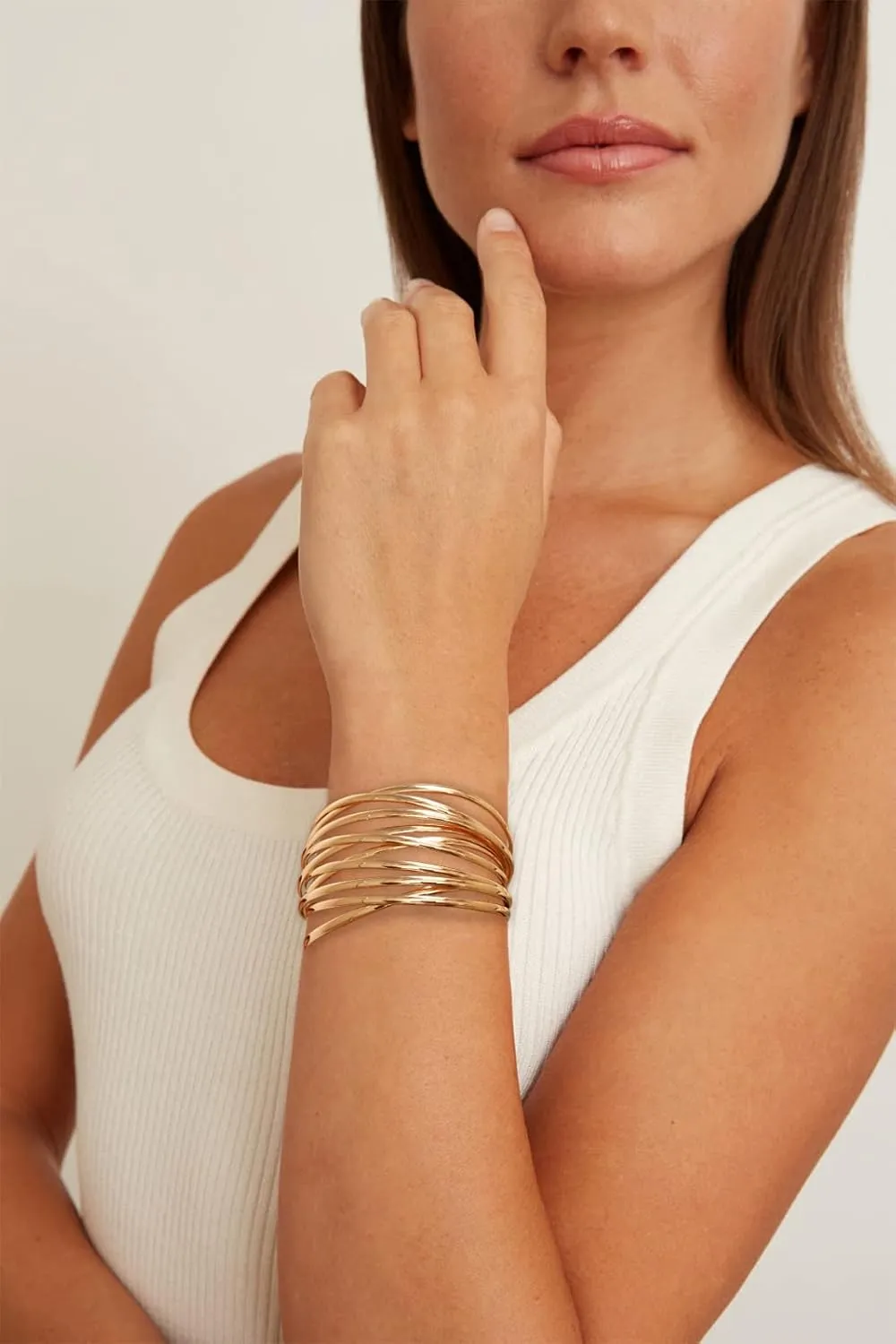 WOWORAMA Chunky Cuff Bracelets for Women Multi-layer Cross Wire Open Bangle Bracelet Adjustable Chunky Wide Open Wrist Arm Cuffs Wrap Bracelet Gold/White Gold