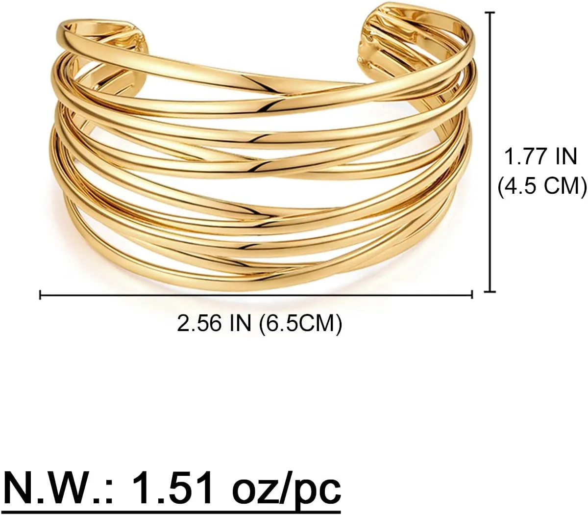 WOWORAMA Chunky Cuff Bracelets for Women Multi-layer Cross Wire Open Bangle Bracelet Adjustable Chunky Wide Open Wrist Arm Cuffs Wrap Bracelet Gold/White Gold