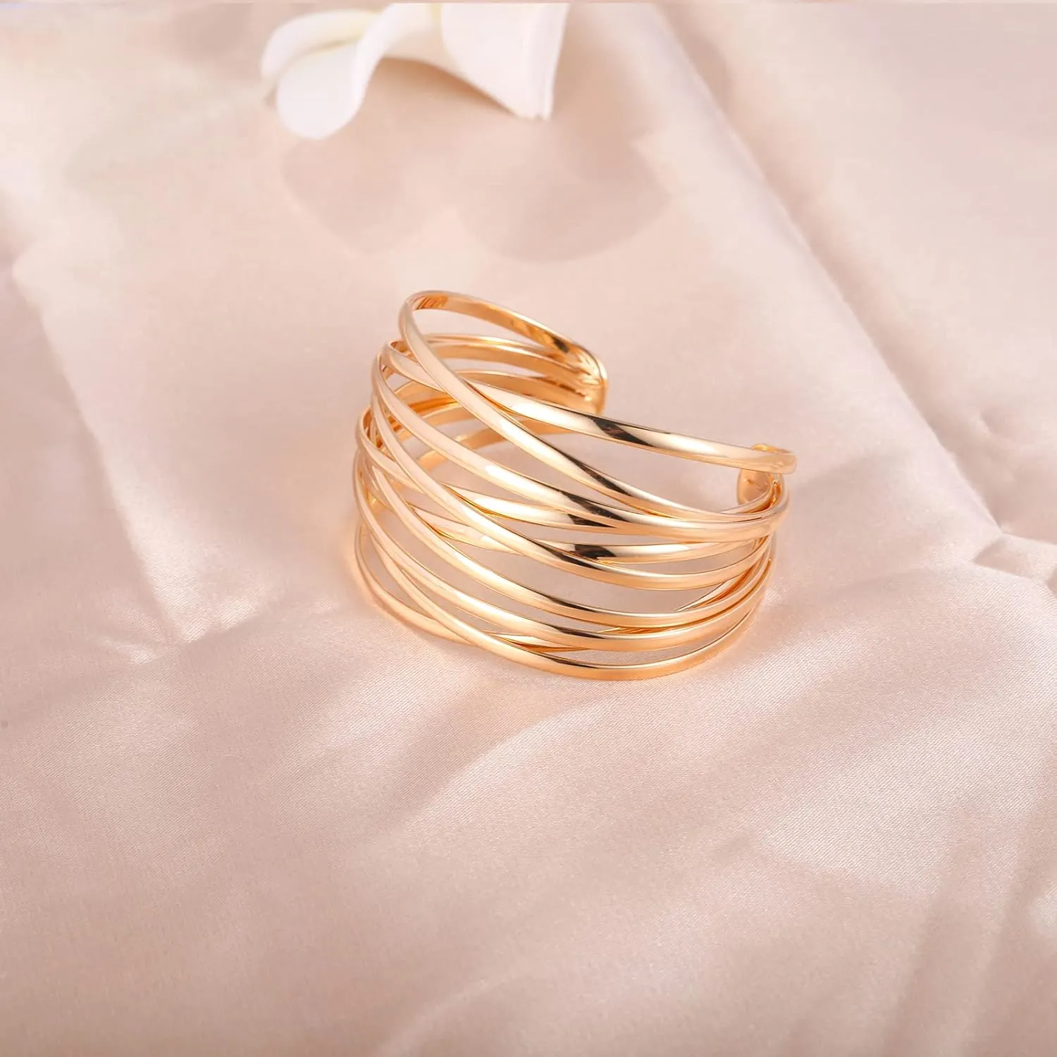 WOWORAMA Chunky Cuff Bracelets for Women Multi-layer Cross Wire Open Bangle Bracelet Adjustable Chunky Wide Open Wrist Arm Cuffs Wrap Bracelet Gold/White Gold