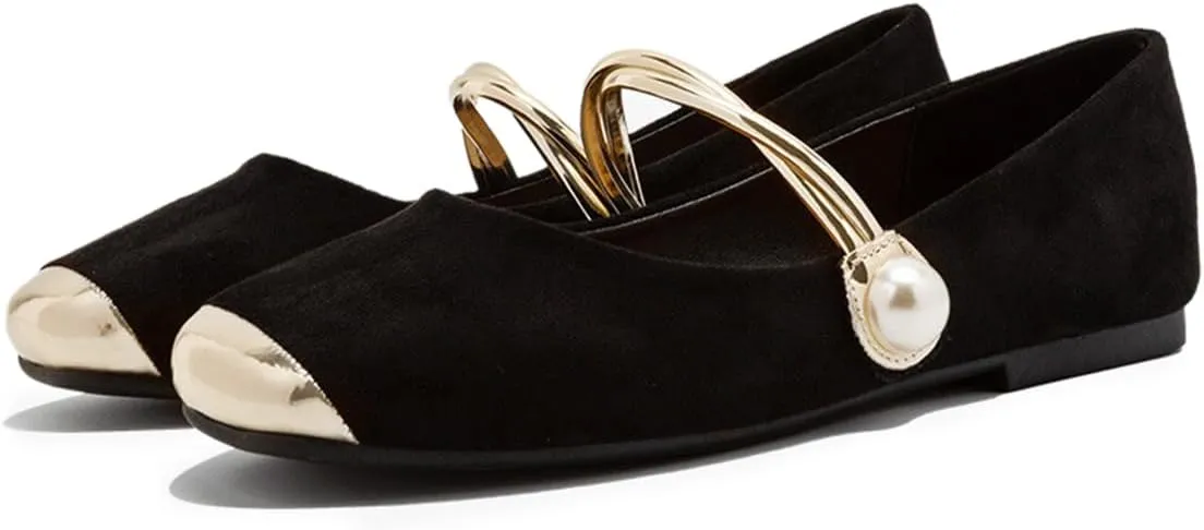 YDN Women Girls Pearls Metal Cap Toe Mary Jane Flats Slip On Ankle Strap Ballet Shoes Dancing Prom Dress Size 4-16 US