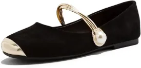 YDN Women Girls Pearls Metal Cap Toe Mary Jane Flats Slip On Ankle Strap Ballet Shoes Dancing Prom Dress Size 4-16 US