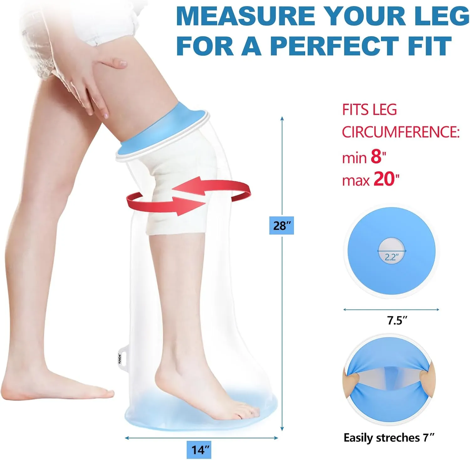 YUNCHI Waterproof Leg Cast Cover for Shower Adult with Non-slip Bottom, Reusable Watertight Cast Protector for Shower Leg for Ankle, Foot, Knee Injuries - Half Leg Covers 28x14