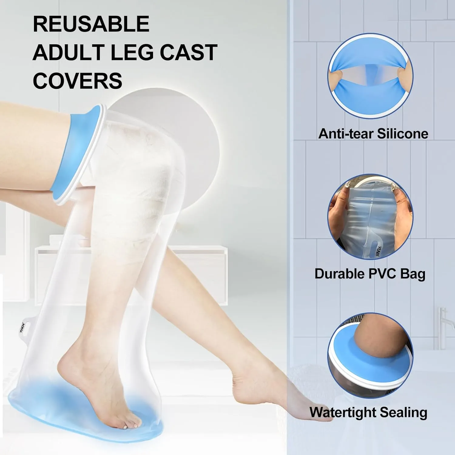 YUNCHI Waterproof Leg Cast Cover for Shower Adult with Non-slip Bottom, Reusable Watertight Cast Protector for Shower Leg for Ankle, Foot, Knee Injuries - Half Leg Covers 28x14