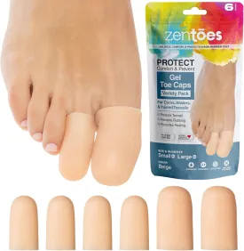 ZenToes 6 Pack Gel Toe Cap and Protector - Cushions and Protects to Provide Relief from Missing or Ingrown Toenails, Corns, Blisters, Hammer Toes (Variety, Beige))